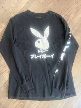 PLAYBOY Black Long-Sleeve Tee with White Bunny Graphic